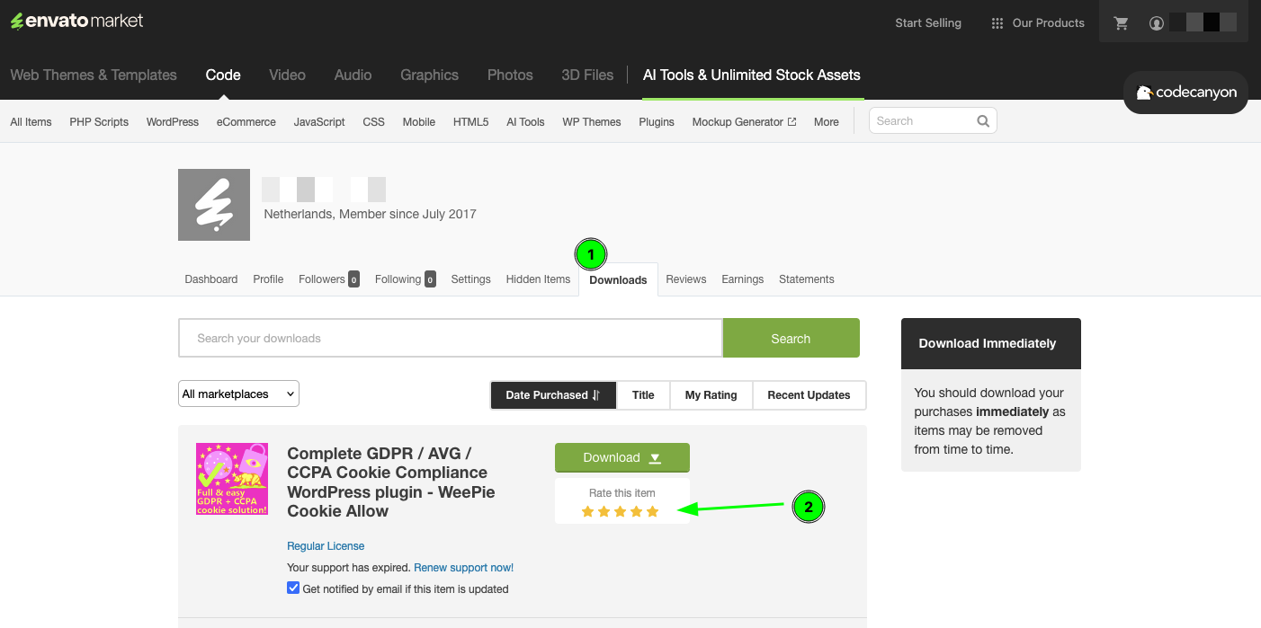 Screenshot describing how to give WeePie Cookie Allow plugin a 5 star rating
