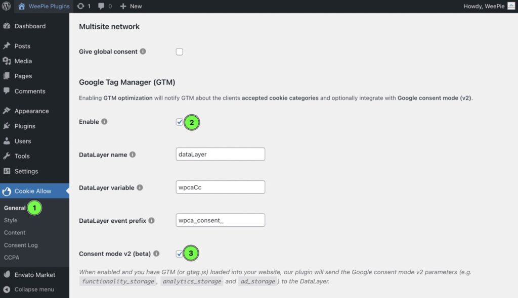 Instruction WeePie Cookie Allow & GTM consent mode v2 - General settings