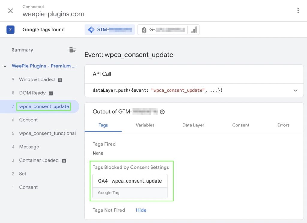 Instruction WeePie Cookie Allow & GTM consent mode v2 – GTM Preview Mode - Tags blocked