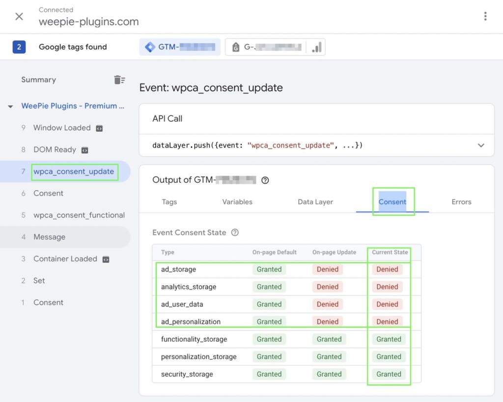 Instruction WeePie Cookie Allow & GTM consent mode v2 – GTM Preview Mode - Event Consent State Denied