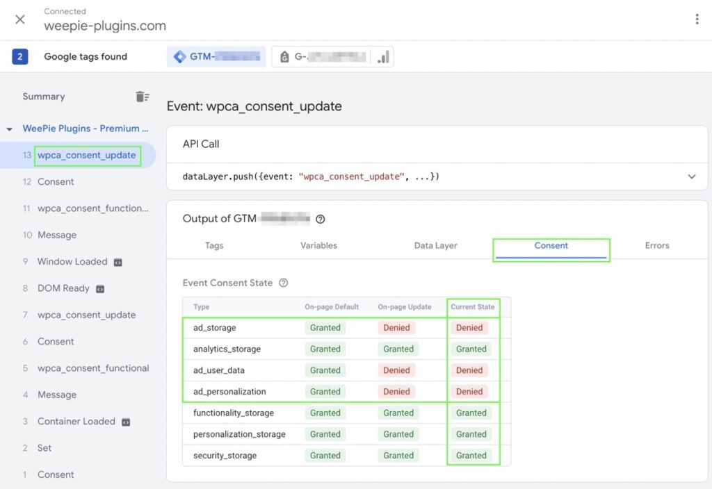 Instruction WeePie Cookie Allow & GTM consent mode v2 – GTM Preview Mode - Event Consent State Granted