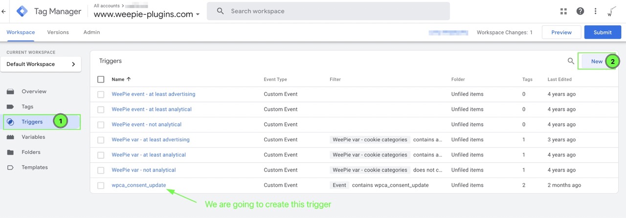 Instruction WeePie Cookie Allow & GTM consent mode v2 – GTM dashboard create new trigger