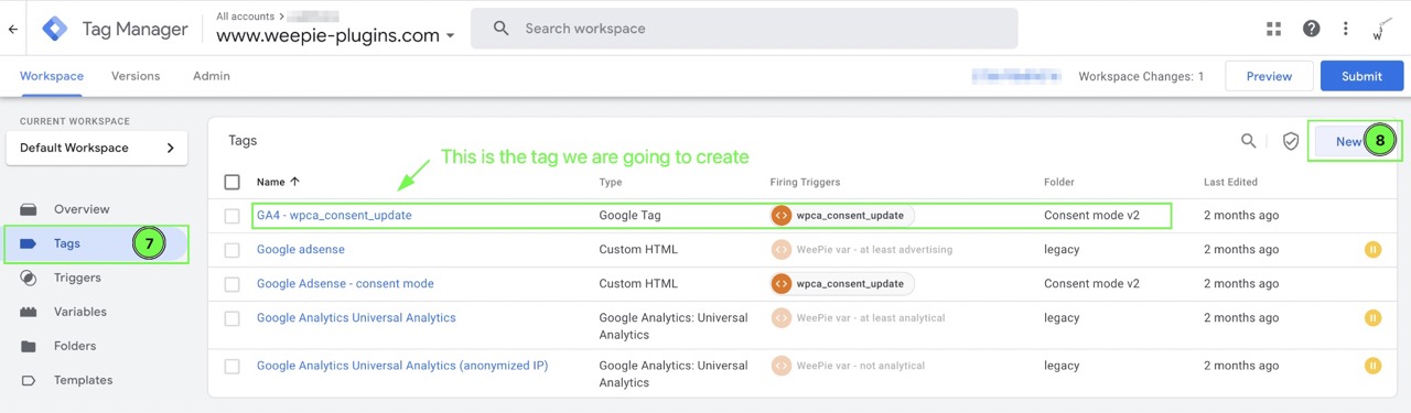 Instruction WeePie Cookie Allow & GTM consent mode v2 – GTM dashboard create new tag