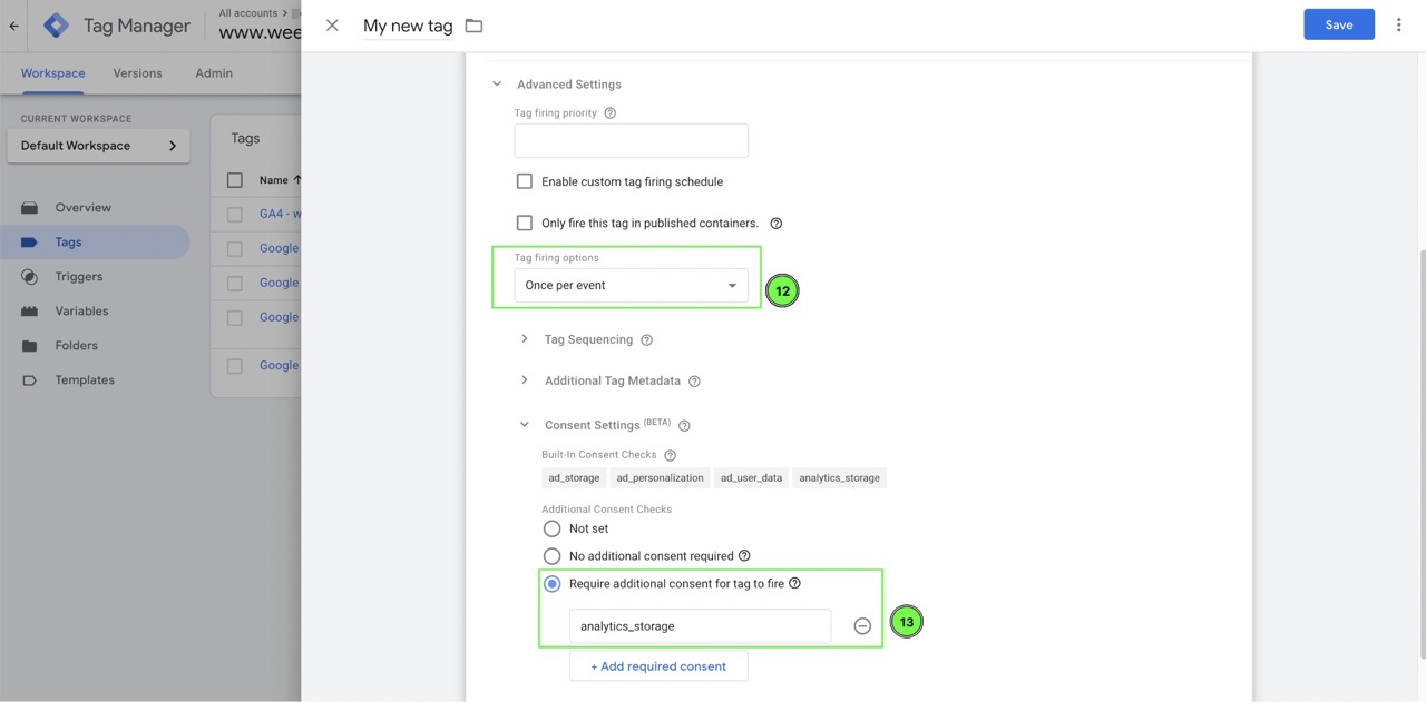 Instruction WeePie Cookie Allow & GTM consent mode v2 – GTM Tag Configuration firing options and Consent Settings