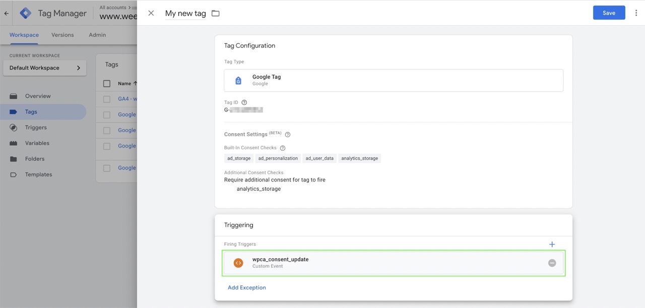 Instruction WeePie Cookie Allow & GTM consent mode v2 – GTM Tag Configuration set Firing Triggers